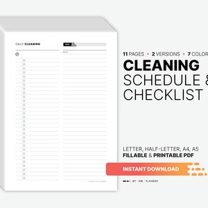 May include: A printable cleaning schedule and checklist with 11 pages, 2 versions, and 7 colours. The checklist is available in letter, half-letter, A4, and A5 sizes. It is a fillable and printable PDF.