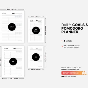 4 Paper Sizes: US Letter (8.5 x 11 in), US Half-Letter (5.5 x 8.5 in), A4 (210 x 297 mm), A5 (148 x 210 mm) for Daily Goal Setting & Planner, Pomodoro Tracker, Fillable Work Action Plan, Worksheet, Log, Organizer, Printable PDF Template