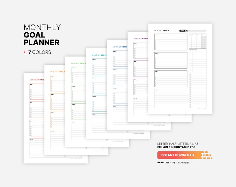 7 Color Variations Included: red, orange, green, teal, blue, purple, black for Monthly Goal Planner, Printable Work-Life Goal Setting, Project Productivity Action Plan Template, Fillable Digital To Do List, Calendar Letter, Half-letter, A4, A5 PDF