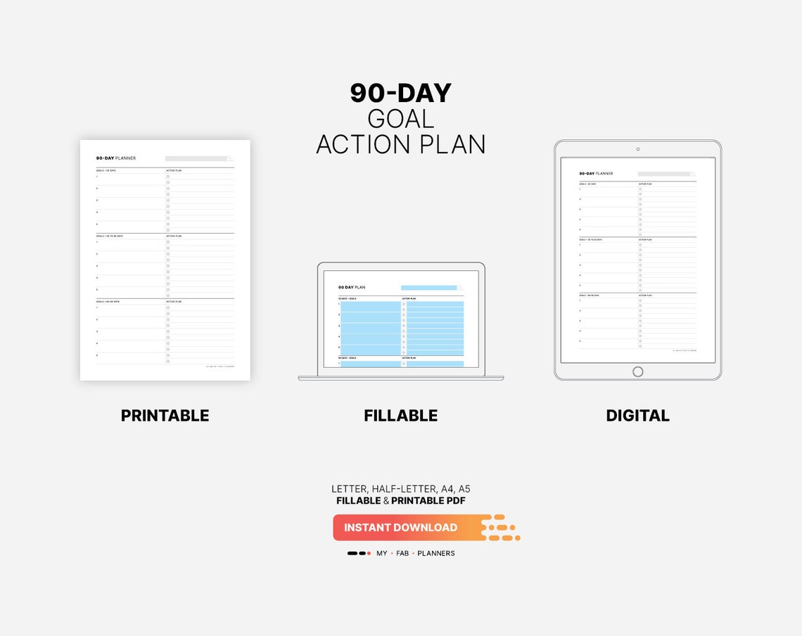 90-day Goal Action Plan, Fillable Goal Setting Worksheet, Chart List ...