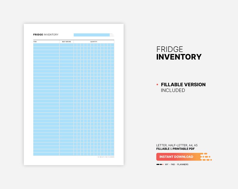 Fillable PDF Form Version Included for Fridge Inventory, Kitchen Storage Organization Planner, Food and Meal Storage List, Tracker, Organizer, Fillable Letter, A4, A5 PDF Template
