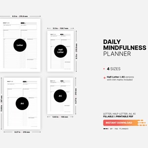 4 Paper Sizes: US Letter (8.5 x 11 in), US Half-Letter (5.5 x 8.5 in), A4 (210 x 297 mm), A5 (148 x 210 mm) for Daily Mindfulness Planner, Positive Thinking Mindset, Gratitude Journal, Morning Self Care Routine, Printable Activity Schedule Template