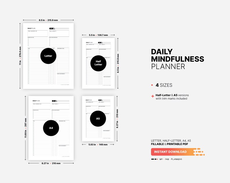 4 Paper Sizes: US Letter (8.5 x 11 in), US Half-Letter (5.5 x 8.5 in), A4 (210 x 297 mm), A5 (148 x 210 mm) for Daily Mindfulness Planner, Positive Thinking Mindset, Gratitude Journal, Morning Self Care Routine, Printable Activity Schedule Template