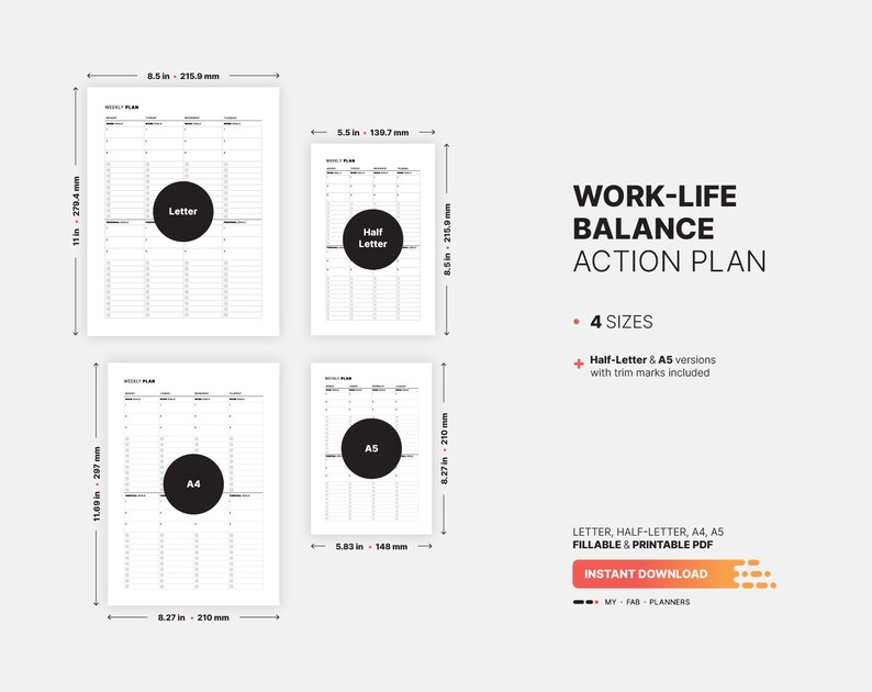 4 Paper Sizes: US Letter (8.5 x 11 in), US Half-Letter (5.5 x 8.5 in), A4 (210 x 297 mm), A5 (148 x 210 mm) for Weekly Work-Life Balance & Action Plan, Goal Setting Log, Fillable To-Do Board, Task List Manager, Printable PDF Template