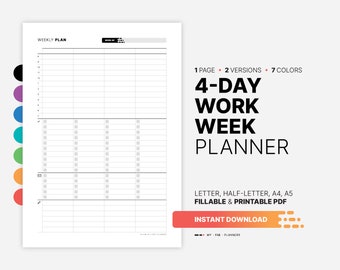 4-Day Work Week Planner, Productivity Action Plan (Fillable PDF)