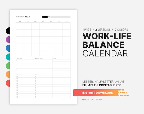 Work-Life Balance Calendar, Monthly Goal Planner (Fillable PDF)