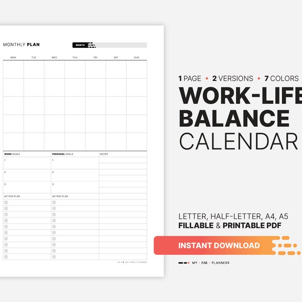 Monthly Work-Life Balance Calendar & Goal Action Plan, Task List, Fillable Numbers, Blank Printable Letter, Half-letter, A4, A5 PDF Template