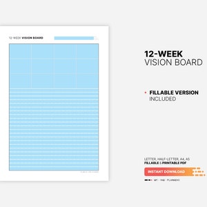 Fillable PDF Form Version Included for 12 Week Vision Board, Fillable Goal Setting Overview Planner, Goals Action Plan Dashboard, Printable Letter, Half-size, A4, A5 PDF Template