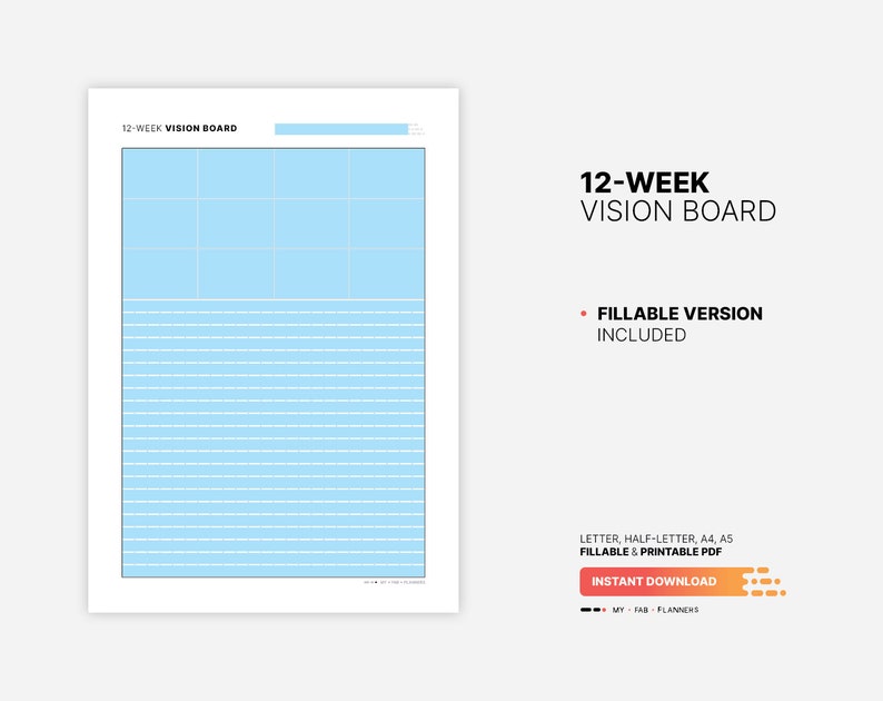 Fillable PDF Form Version Included for 12 Week Vision Board, Fillable Goal Setting Overview Planner, Goals Action Plan Dashboard, Printable Letter, Half-size, A4, A5 PDF Template