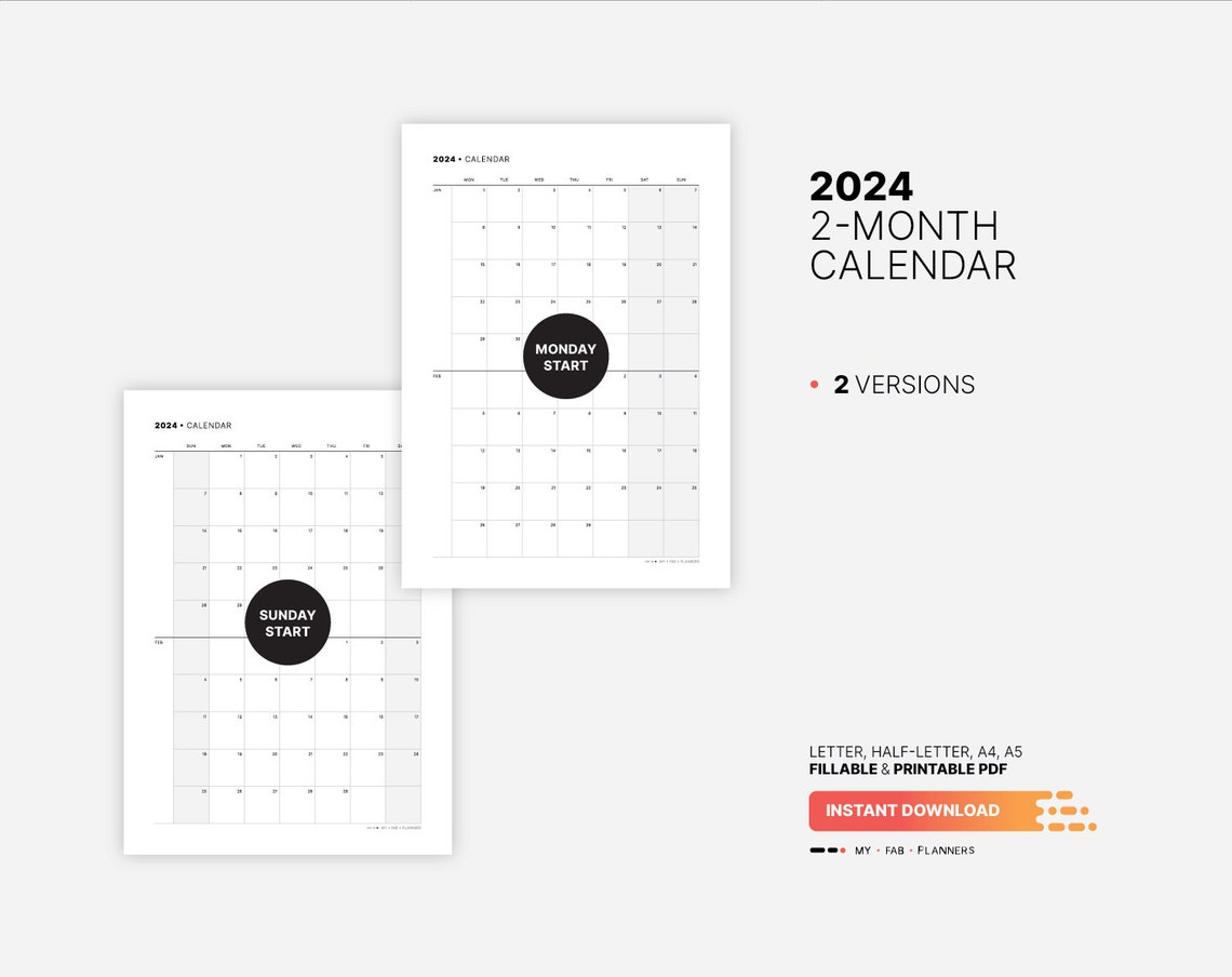 2024 2 month calendar printable minimalist family etsy