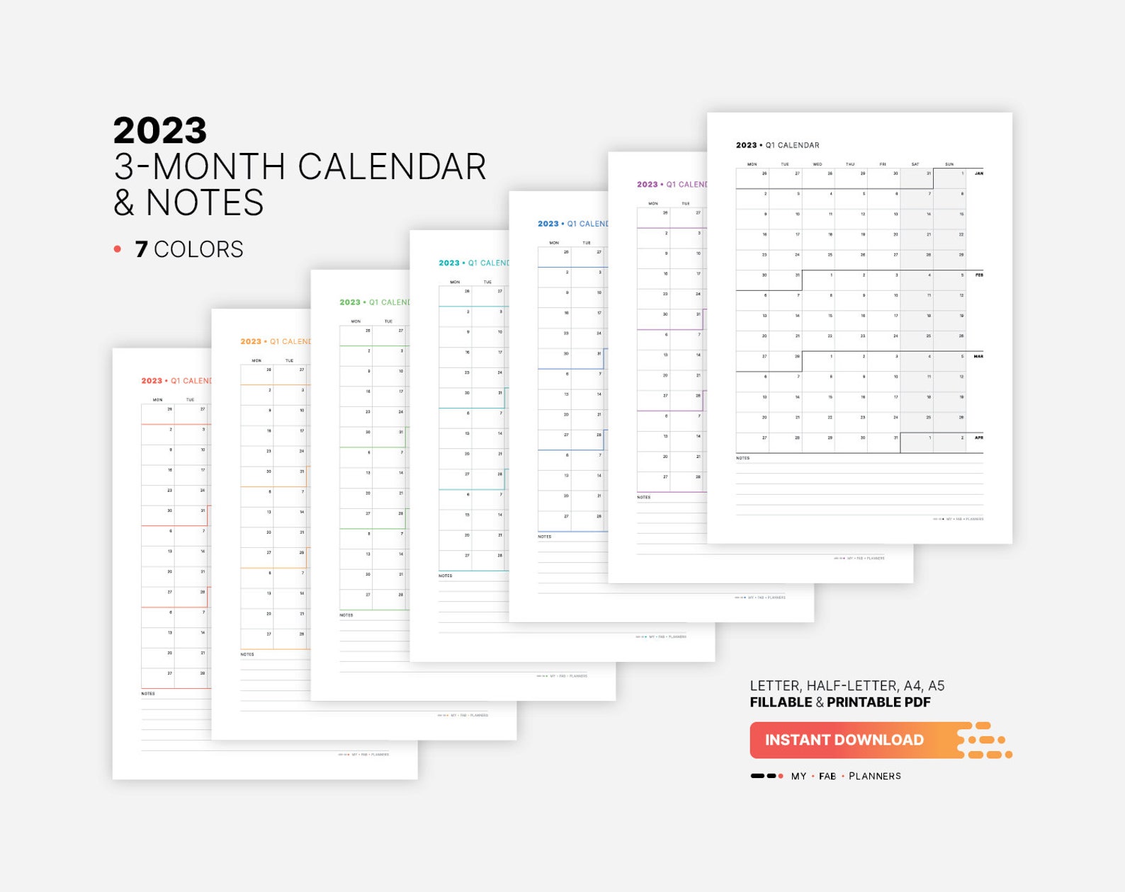 2023 3month Calendar Notes Printable Ataglance Quarterly Etsy
