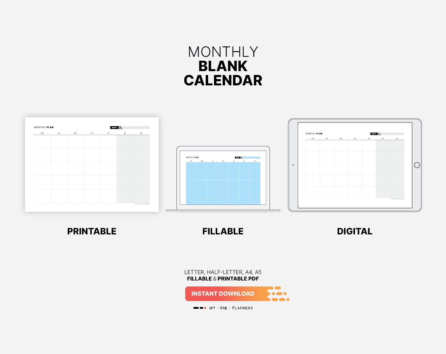 Monthly Blank Calendar, Printable Landscape Insert, Fillable Work at a ...