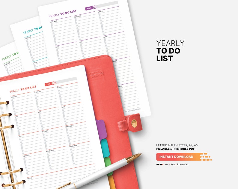 Yearly To Do List, Printable Monthly Task Checklist, Fillable Productivity Task Management Planner, Digital Year at a Glance, Letter, Half-letter, A5, A4 PDF Template