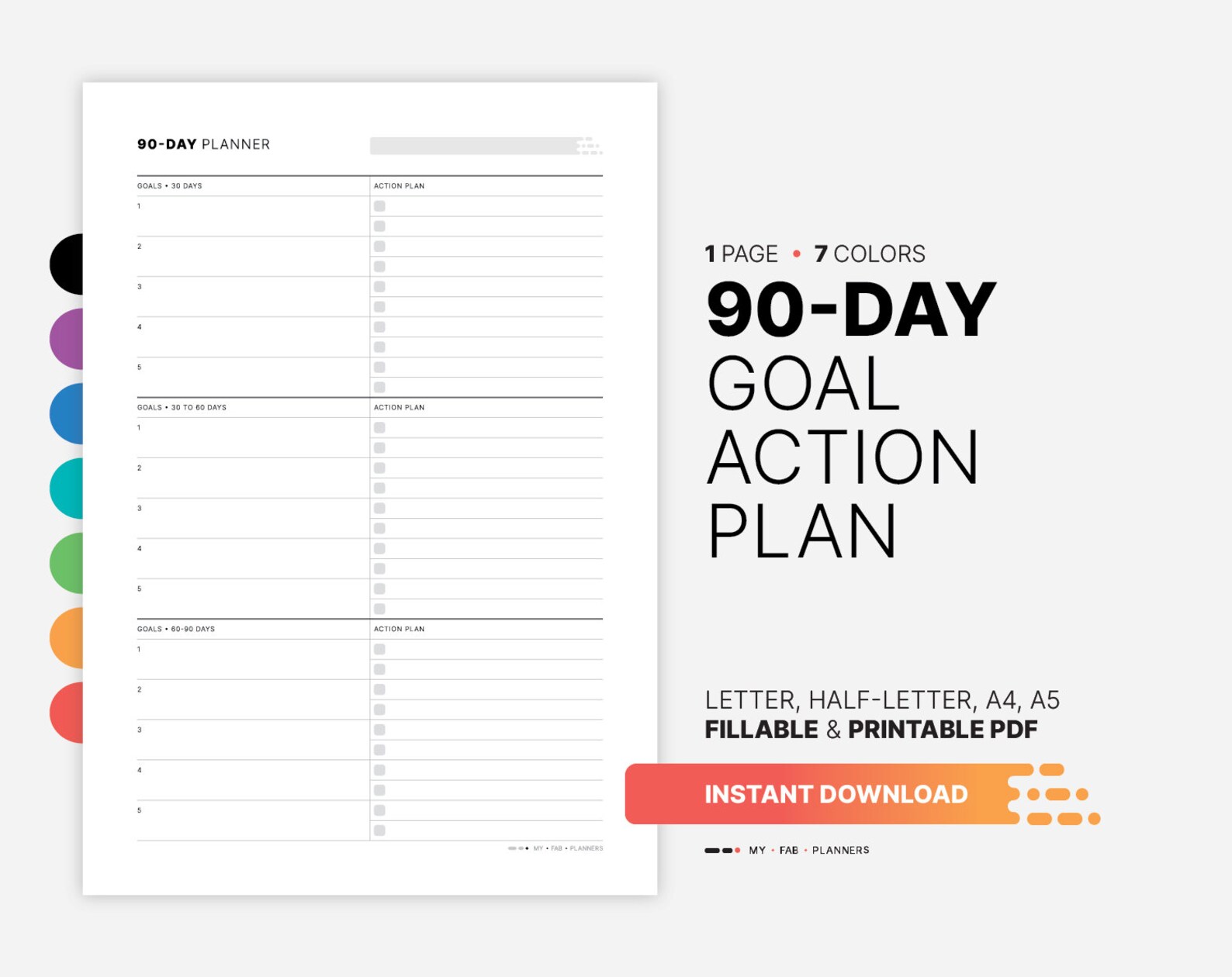 90-day Goal Action Plan, Fillable PDF, A4 A5 Letter Sizes - Etsy