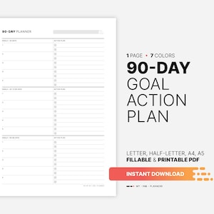 Plan de acción de objetivos de 90 días, hoja de trabajo de establecimiento de objetivos rellenable, lista de gráficos, mapeo de objetivos trimestrales, revisión, carta imprimible, plantilla PDF A4, A5