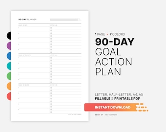 90-Day Goal Action Plan, Fillable Goal Setting Worksheet, Chart List, Quarterly Goals Mapping, Review, Printable Letter, A4, A5 PDF Template