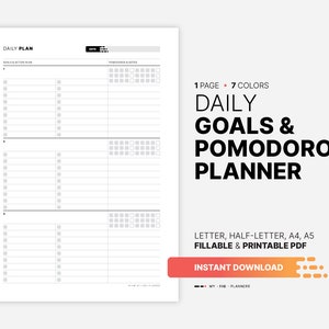 Daily Goal Setting & Planner, Pomodoro Tracker, Fillable Work Action Plan, Worksheet, Log, Organizer, Printable Letter, A4, A5 PDF Template