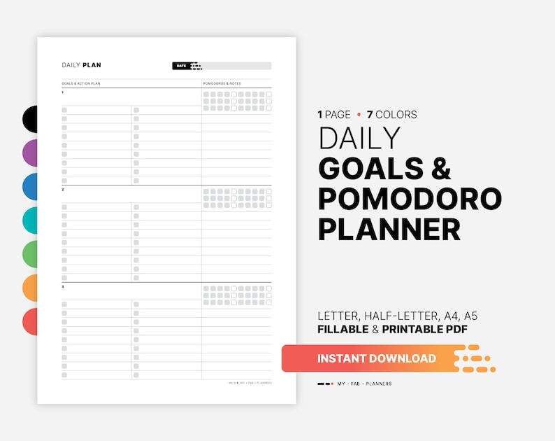 Daily Goal Setting & Planner, Pomodoro Tracker, Fillable Work Action Plan, Worksheet, Log, Organizer, Printable Letter, A4, A5 PDF Template