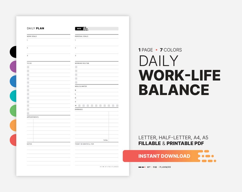 Daily Work Life Balance Planner, Fillable Goals, Work in Progress Log ...