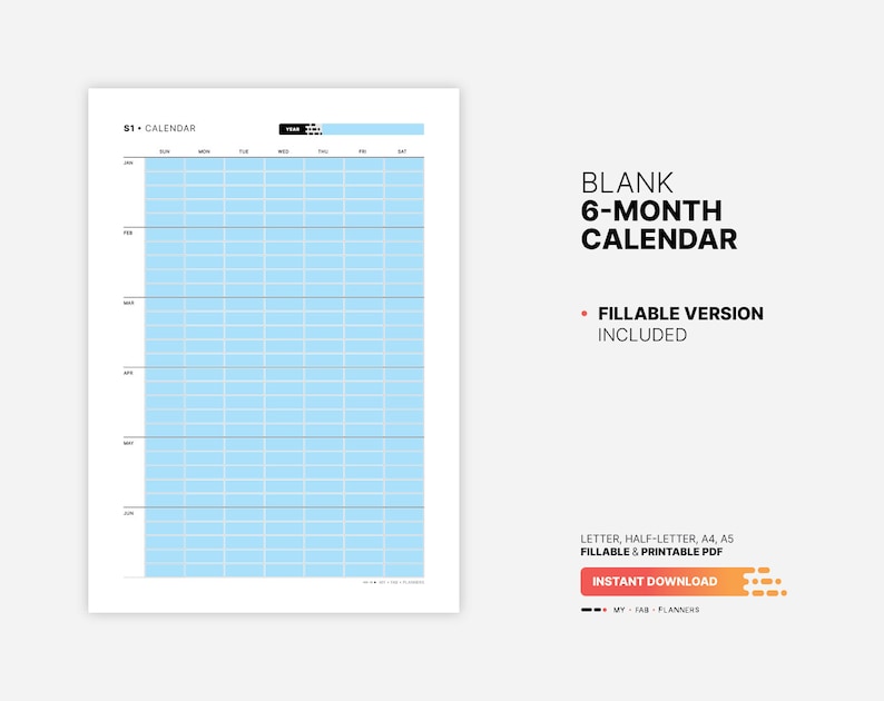 Blank 6-month Calendar, Yearly Semester Wall Calendar, Fillable Year ...
