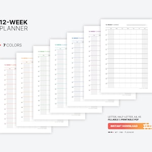 7 Color Variations Included: red, orange, green, teal, blue, purple, black for 12 Week Planner, Vision Board Overview, Productivity Calendar, Daily Fillable Goal Tracker Template, Printable Half-size, Letter, A4, A5 PDF