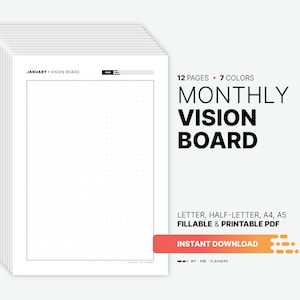 Maandelijkse Vision Board afdrukbare plannersjabloon, invulbare digitale doelen stellen en in kaart brengen, doelengrafiekblad, brief, halve letter, A4, A5 pdf