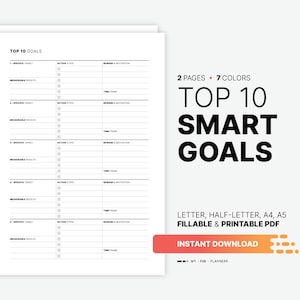 Top 10 Metas SMART com Plano de Ação, Lista de Metas e Definição de Planilha para Imprimir, Diário, Quadro, Preenchável 8,5x11, 5,5x8,5, A4, A5 Modelo PDF