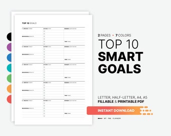 Top 10 SMART Goals with Action Plan, Goal List & Setting Printable Worksheet, Journal, Board, Fillable 8.5x11, 5.5x8.5, A4, A5 PDF Template