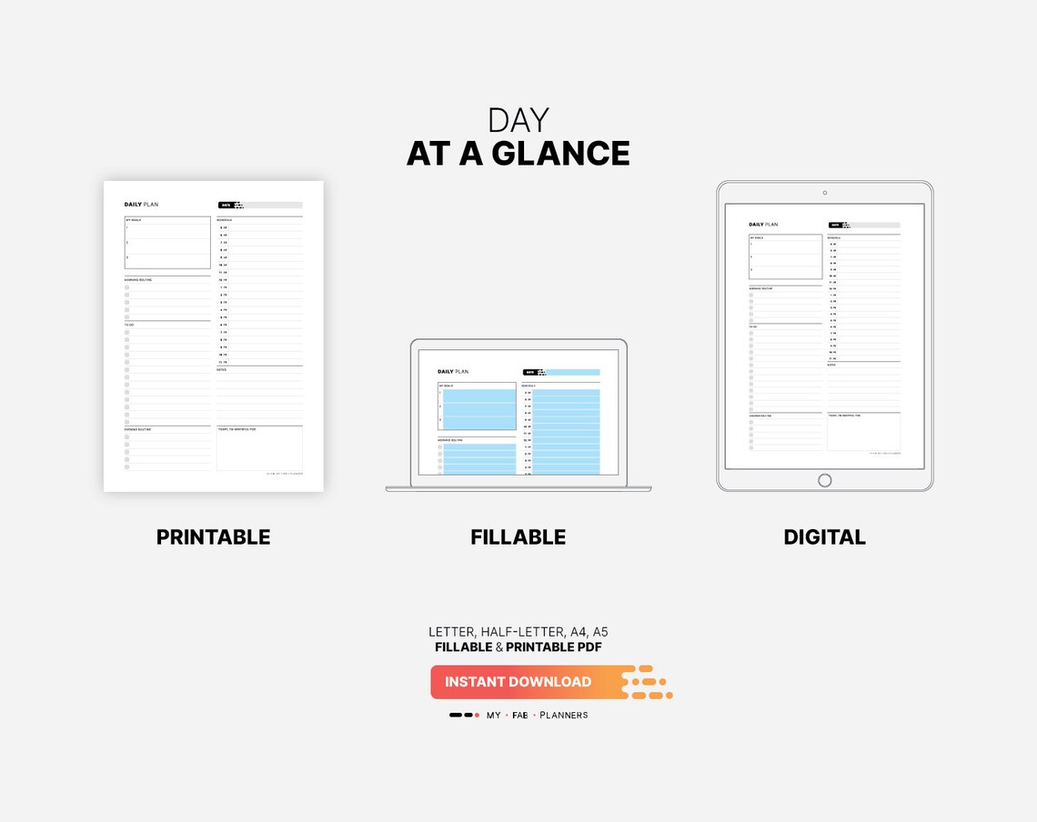 Day at a Glance, Printable Productivity Planner, Fillable Daily Goal ...