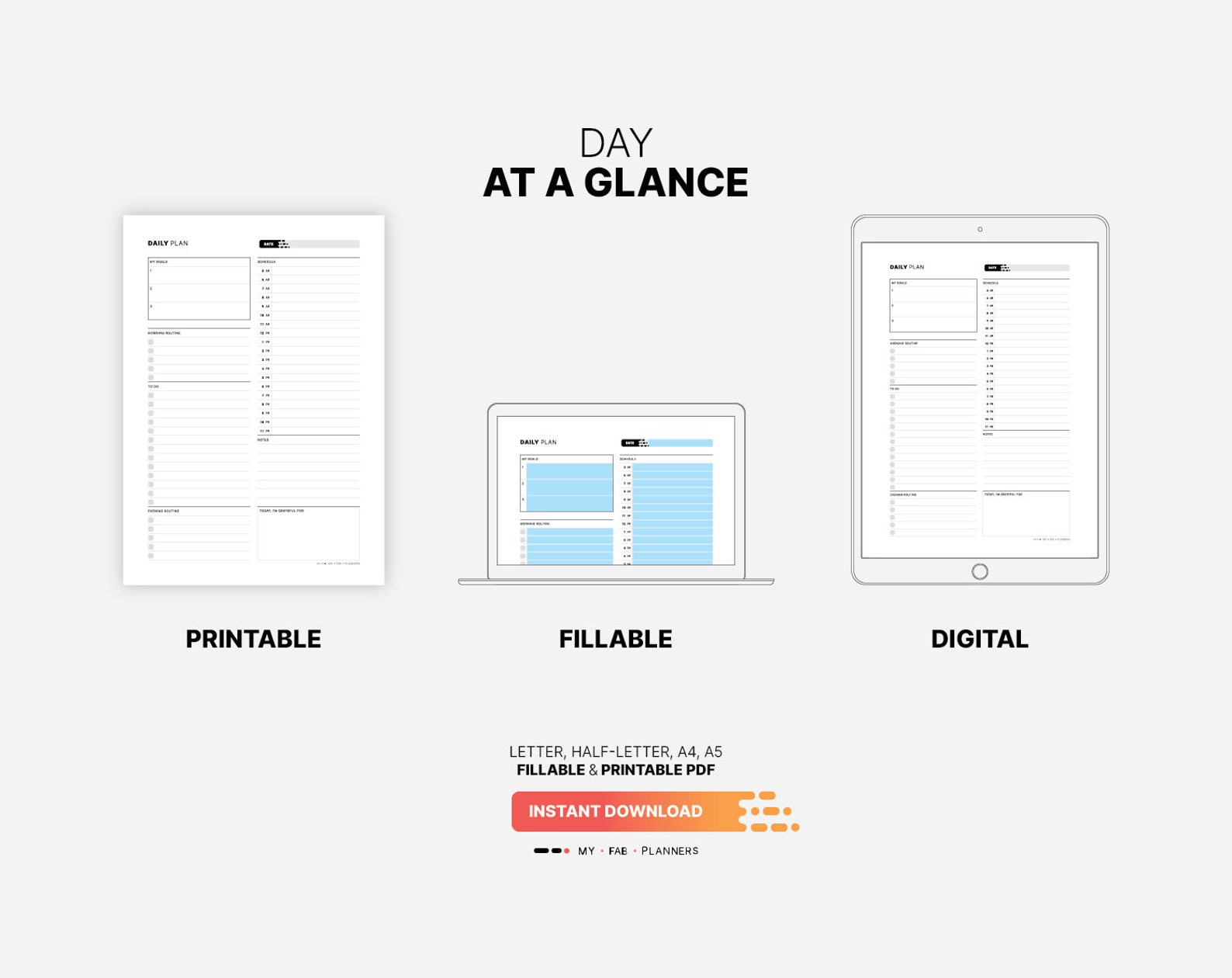 Day at a Glance, Printable Productivity Planner, Fillable Daily Goal ...