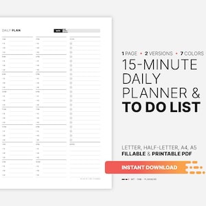 15 Minute Daily Planner with To Do List Template, Fillable Time Slots Appointment Schedule, Undated Hourly Printable Letter, HL, A4, A5 PDF
