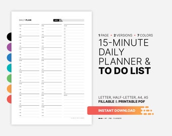 15 Minute Daily Planner, Fillable Hourly Schedule (A4, A5, Letter PDF)