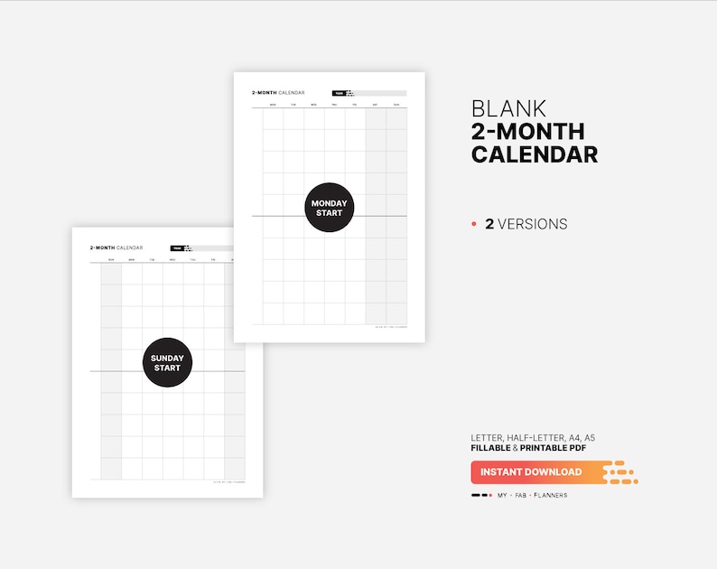 Blank 2 Month Calendar, Undated Multi Month At-a-glance Planner ...