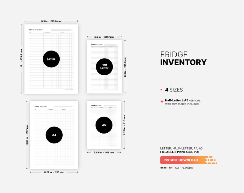 4 Paper Sizes: US Letter (8.5 x 11 in), US Half-Letter (5.5 x 8.5 in), A4 (210 x 297 mm), A5 (148 x 210 mm) for Fridge Inventory, Kitchen Storage Organization Planner, Food and Meal Storage List, Tracker, Organizer, Fillable PDF Template