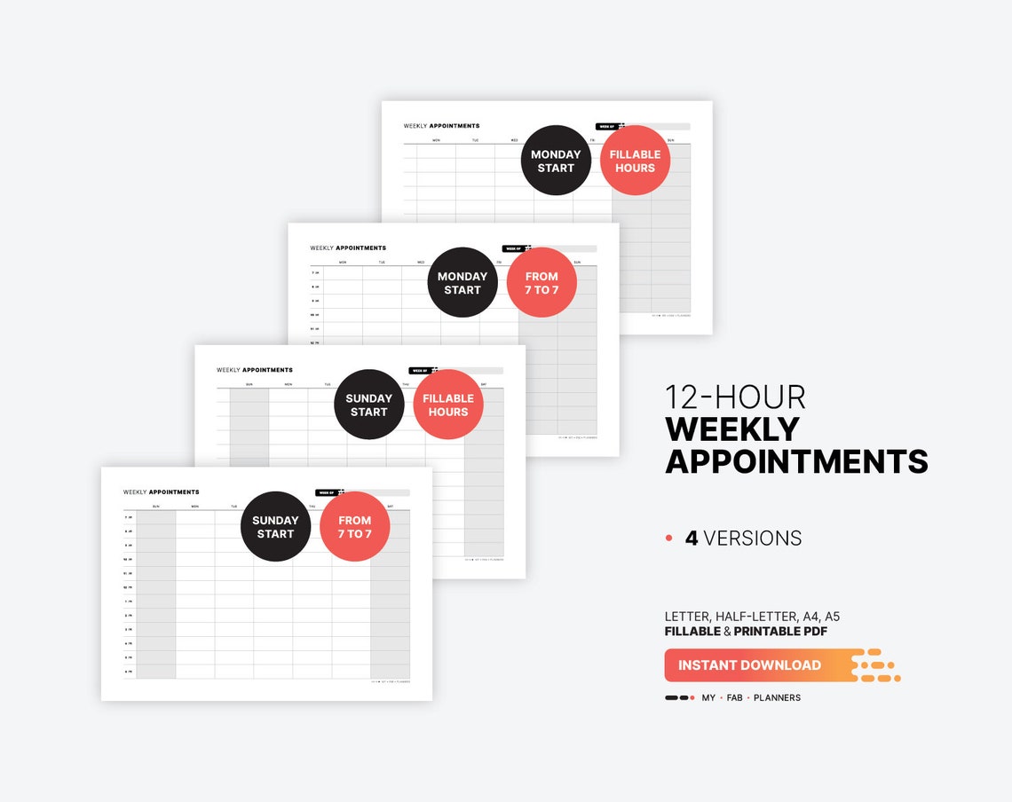 Weekly Appointment Planner, Printable Work & Small Business Agenda ...