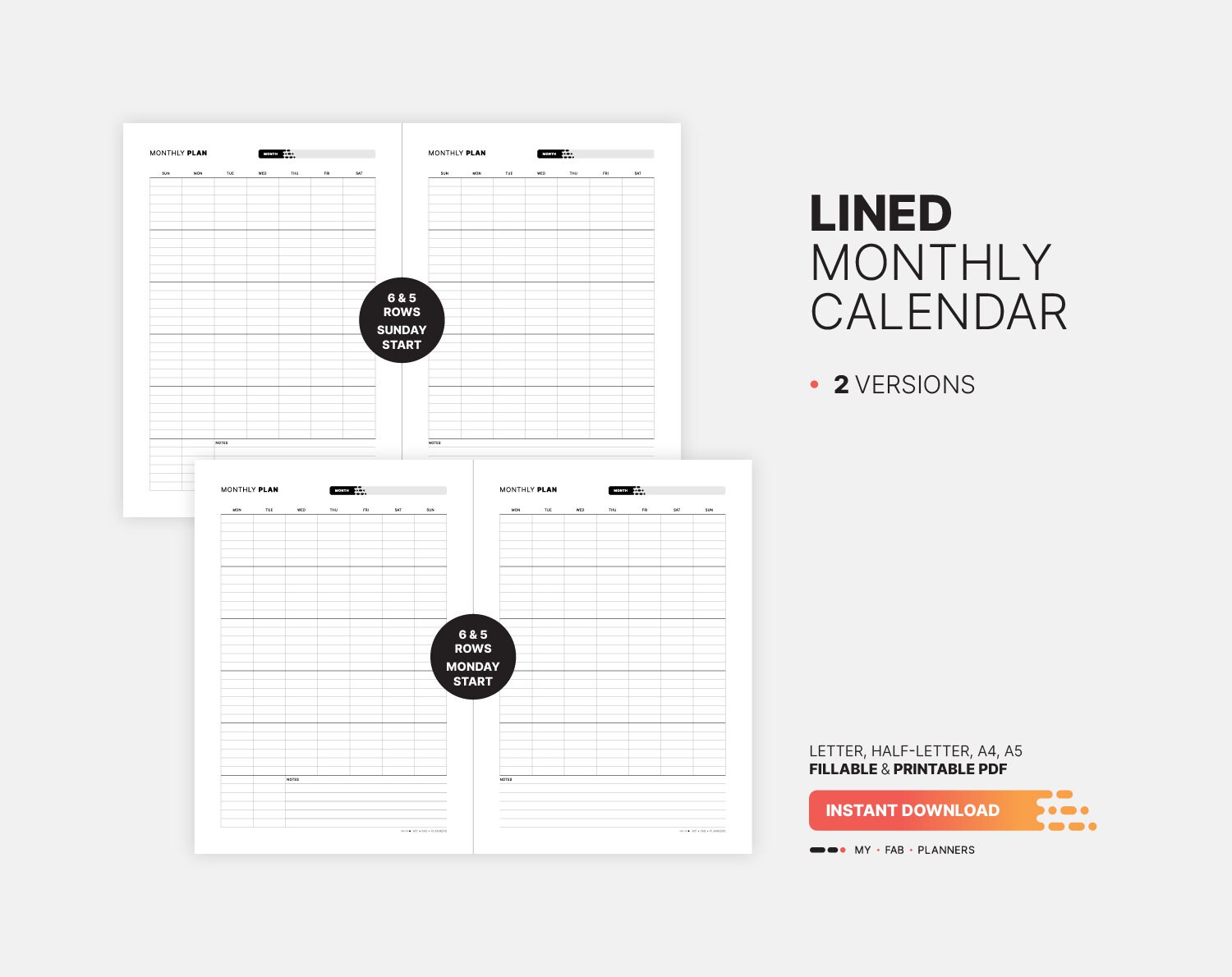 Lined Blank Monthly Calendar, Undated Planner, Fillable Blocks ...