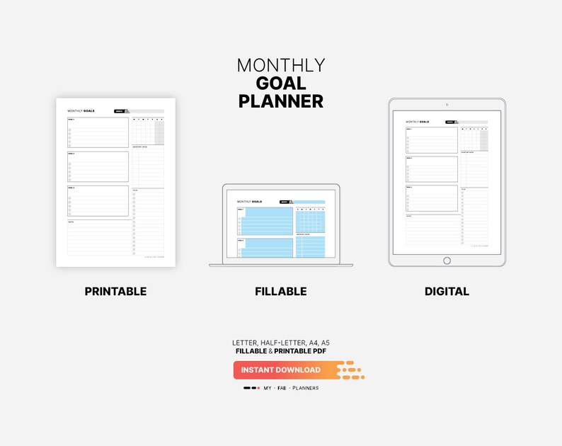 Printable, Fillable, Digital Download for Monthly Goal Planner, Printable Work-Life Goal Setting, Project Productivity Action Plan Template, Fillable Digital To Do List, Calendar Letter, Half-letter, A4, A5 PDF