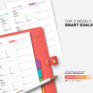 Top 3 Weekly SMART Goals with Action Plan, Goal List & Setting Printable Worksheet, Journal, Board, Fillable Letter, A4, A5 PDF Template
