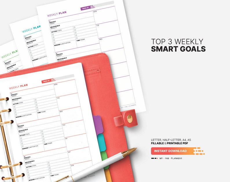 Top 3 Weekly SMART Goals with Action Plan, Goal List & Setting Printable Worksheet, Journal, Board, Fillable Letter, A4, A5 PDF Template