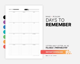 Days to Remember Board, befüllbarer Monatskalender (druckbare PDF)