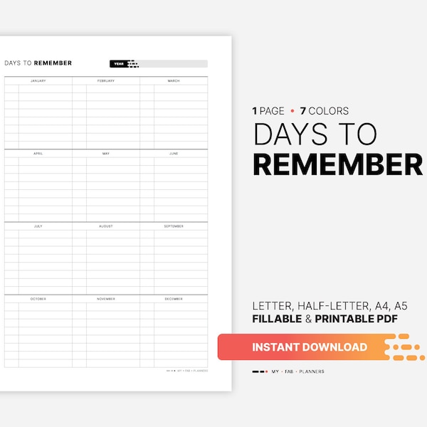 Days to Remember Board, Important Date Planner, Monthly Milestone Calendar Template, Fillable Perpetual Year Dates, Printable Letter, A5 PDF
