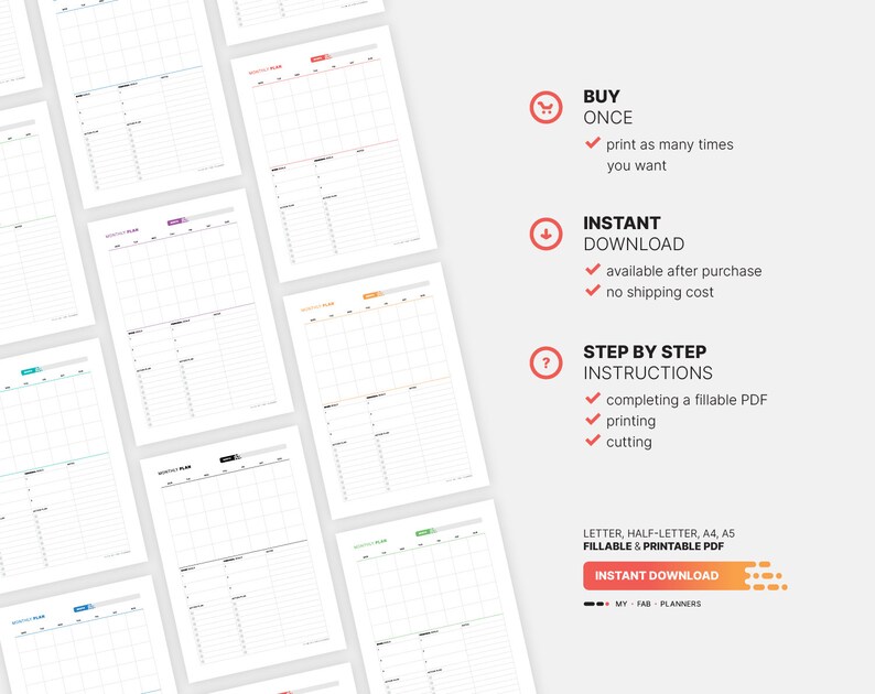 ✔ Buy once and print as many times you want.
✔ Instant download available after purchase and no shipping costs.
✔ Step by step instructions for completing a fillable PDF, printing and cutting My Fab Planners inserts.
