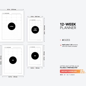 4 Paper Sizes: US Letter (8.5 x 11 in), US Half-Letter (5.5 x 8.5 in), A4 (210 x 297 mm), A5 (148 x 210 mm) for 12 Week Planner, Vision Board Overview, Productivity Calendar, Daily Fillable Goal Tracker Template, Printable PDF