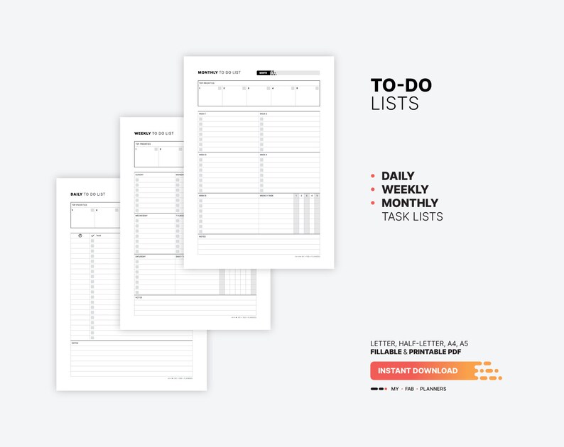 Printable To-do List Bundle, Daily, Weekly, Monthly Planner (PDF ...