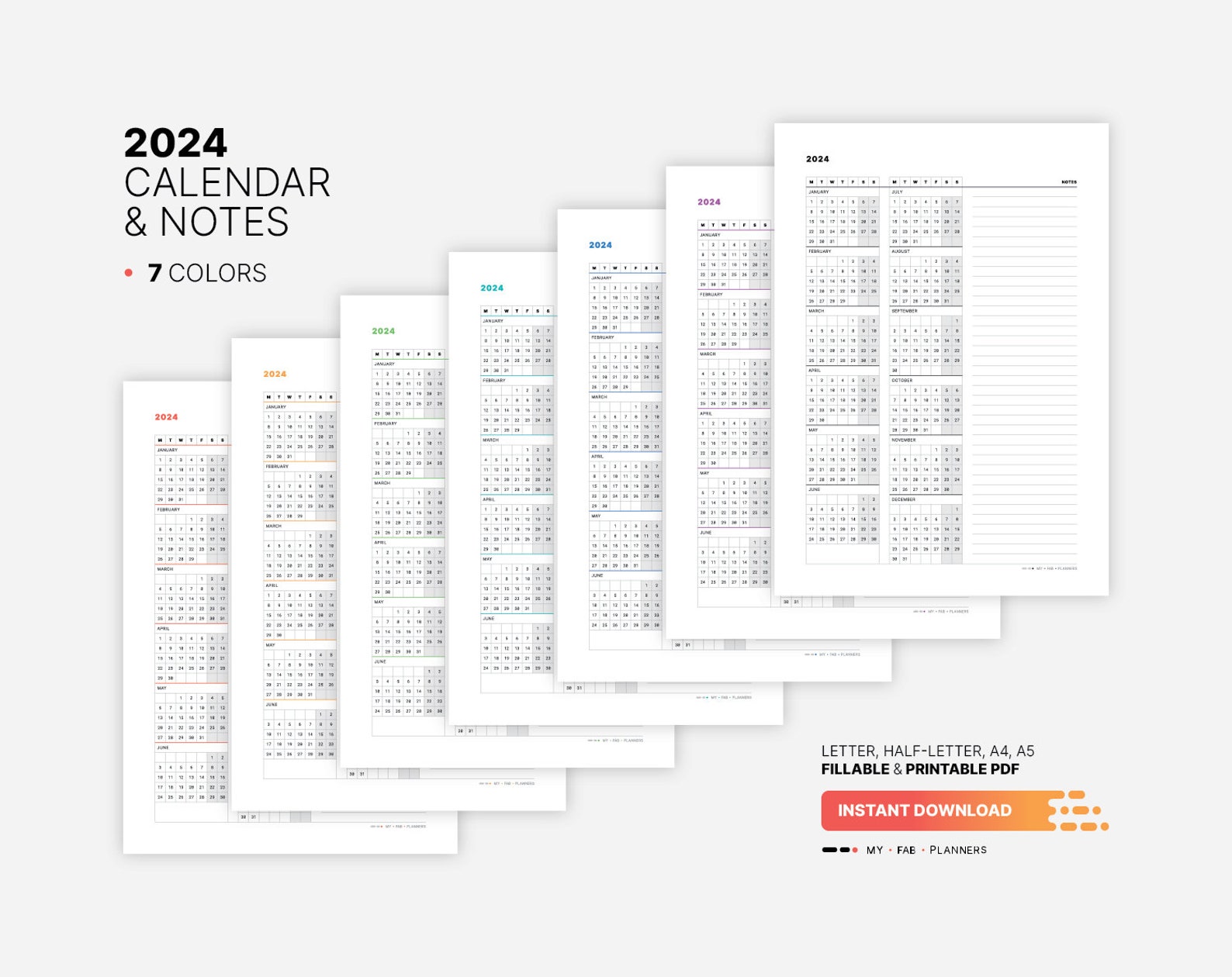 2024 Calendar & Notes Template, Printable New Year Ataglance Wall