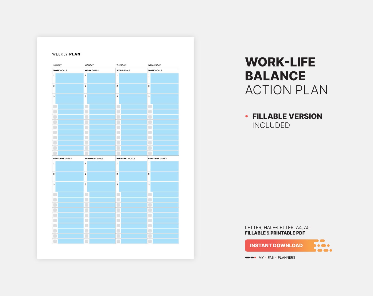 Weekly Work-life Balance & Action Plan, Goal Setting Log, Fillable To ...