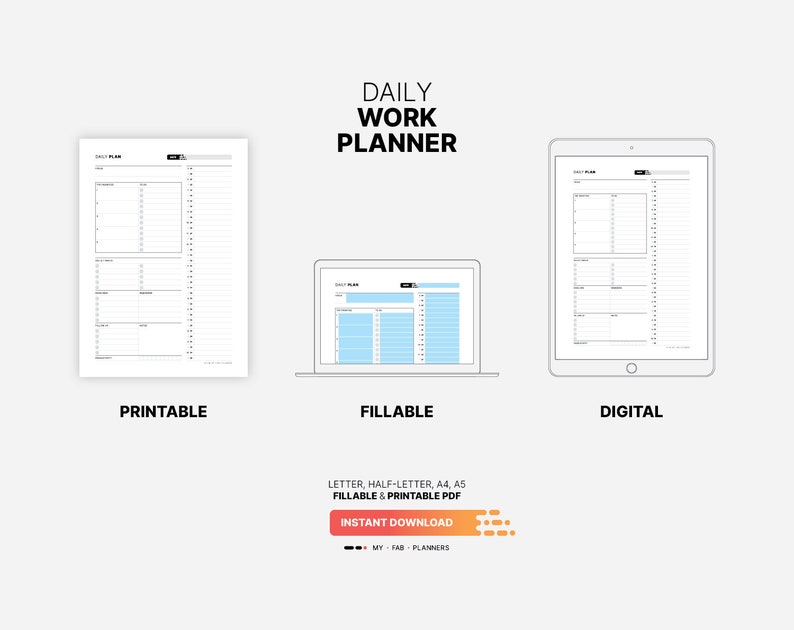 Printable, Fillable, Digital Download for Daily Work at Home Planner, Printable Office Productivity Organization, Fillable Small Business Day Schedule, Simple To Do List, Letter, Half-letter, A4, A5 PDF Template