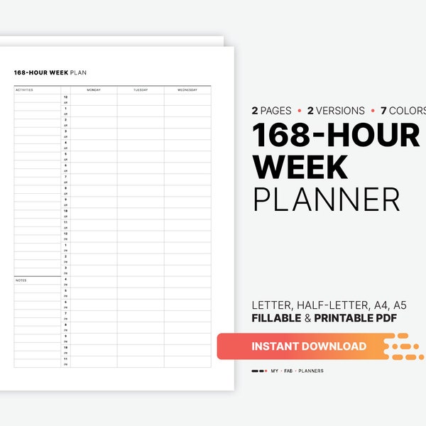 168-Hour Weekly Planner, Printable Mindfulness Timesheet, Goal Setting, Fillable Adult Intentional Living Activity, To Do List PDF Template