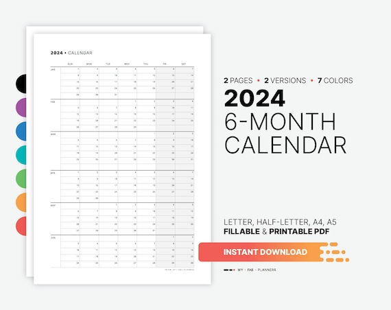2024 6-month Calendar, Printable Family Important Dates Template