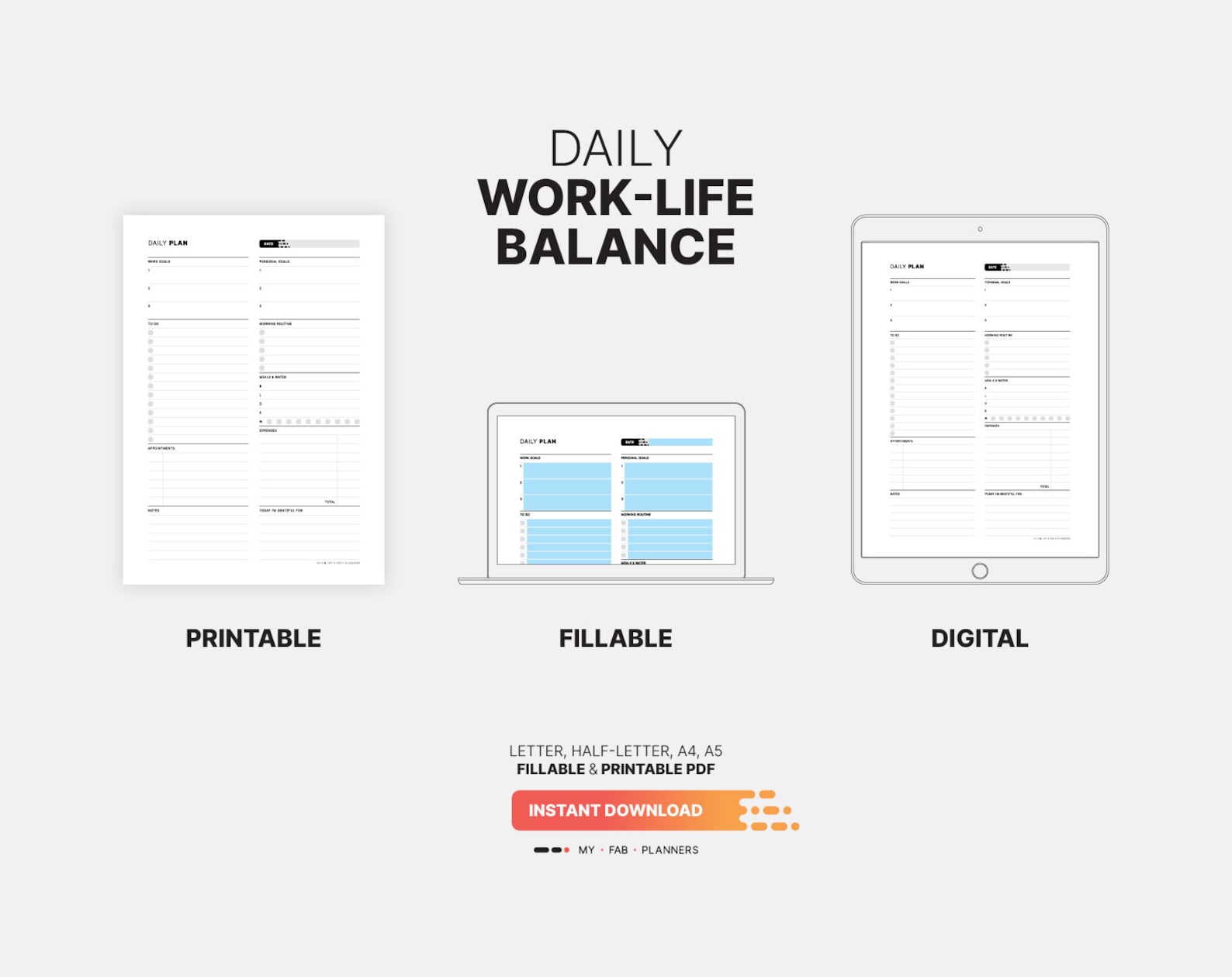 Daily Work Life Balance Planner, Fillable Goals, Work in Progress Log ...